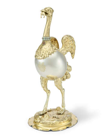 A GERMAN PARCEL-GILT SILVER, ENAMEL AND GEM-SET OSTRICH-FORM CUP AND COVER - photo 1