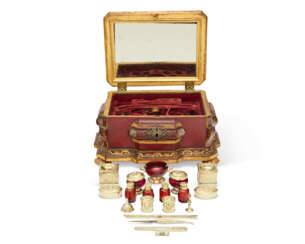 A PAINTED GILTWOOD AND SILVER-MOUNTED NECESSAIRE WITH GERMAN SILVER-GILT, ENAMEL, STEEL AND RUBY GLASS FITTINGS