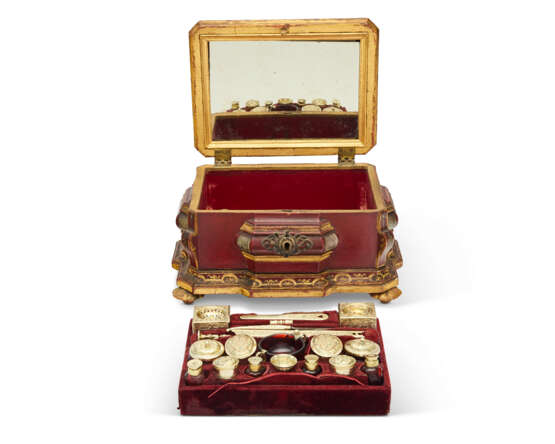 A PAINTED GILTWOOD AND SILVER-MOUNTED NECESSAIRE WITH GERMAN SILVER-GILT, ENAMEL, STEEL AND RUBY GLASS FITTINGS - фото 2