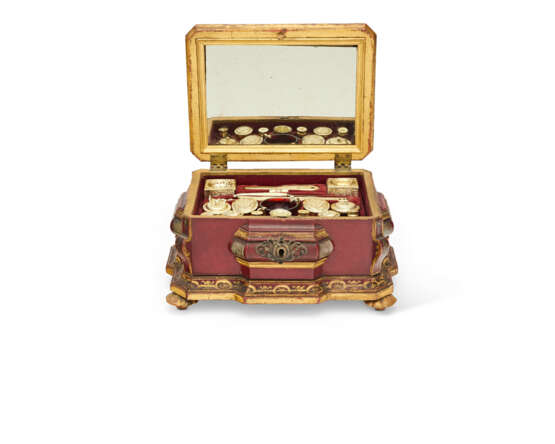 A PAINTED GILTWOOD AND SILVER-MOUNTED NECESSAIRE WITH GERMAN SILVER-GILT, ENAMEL, STEEL AND RUBY GLASS FITTINGS - фото 3