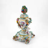 THREE PIECE PORCELAIN POT POURRI VASE WITH APPLIED BLOSSOMS AND PUTTI DECOR - photo 1