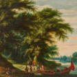 Antwerpener Schule. Forest Landscape with Distinguished Company at the Ferry Boat - Maintenant aux enchères