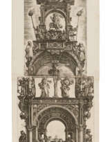 Daniel Hopfer. Großer Altaraufsatz mit der Anbetung, der Kreuzigung und der Auferstehung, gekrönt von den Aposteln Petrus und Paulus