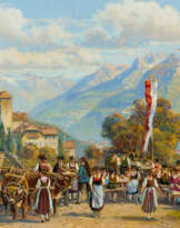 Hubert Kaplan. Vier Gemälde: Karlsplatz in München / Eisstockschießen auf einem Gebirgssee / Erntefest / Viehabtrieb im Schnalstal