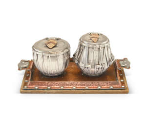 AN AMERICAN SILVER AND COPPER INKSTAND