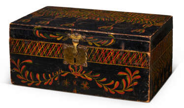 A PINE AND MAPLE POLYCHROME PAINT-DECORATED DOCUMENT BOX