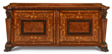 AN AESTHETIC MOVEMENT MAHOGANY MARQUETRY AND PARQUETRY LIBRARY TABLE