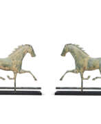 Цинк. A PAIR OF MOLDED GILT COPPER AND ZINC RUNNING HORSE WEATHERVANES