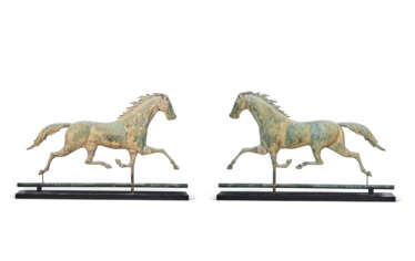 A PAIR OF MOLDED GILT COPPER AND ZINC RUNNING HORSE WEATHERVANES