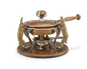 AN AMERICAN SILVER-MOUNTED COPPER AND OAK CHAFING DISH