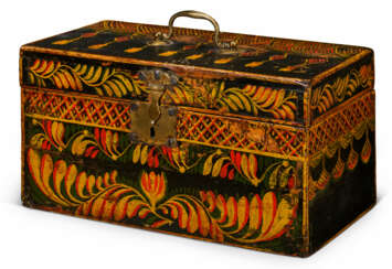 A PINE AND MAPLE POLYCHROME PAINT-DECORATED BOX