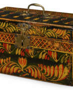 Pin. A PINE AND MAPLE POLYCHROME PAINT-DECORATED BOX