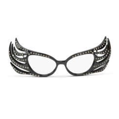 A PAIR OF DIAMANTE-ENCRUSTED BLACK-LACQUERED SPECTACLES