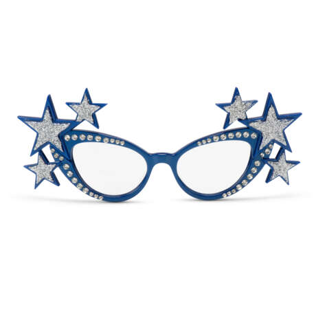 A PAIR OF GLITTERED-STAR AND DIAMANTE-ENCRUSTED BLUE-LACQUERED SPECTACLES - фото 1