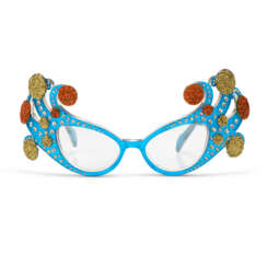 A PAIR OF GLITTERED POM-POM CLEAR BLUE-LACQUERED SPECTACLES