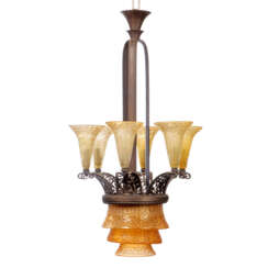 A FRENCH PATINATED WROUGHT IRON AND ACID-ETCHED COLOURED GLASS WITH GOLD LEAF INLAY SEVEN-LIGHT CHANDELIER