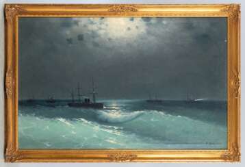 Brukwin, Wladimir Stepanovich (1875-1919) &quot;Russische Patrouillenschiffe auf dem Schwarzen Meer bei Mondschein&quot;, Öl/Lw., sign. u.r., 63 x 98cm, Rahmen