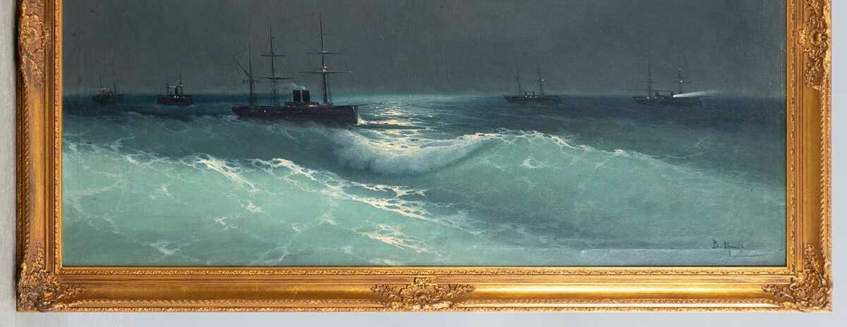 Brukwin, Wladimir Stepanovich (1875-1919) &quot;Russische Patrouillenschiffe auf dem Schwarzen Meer bei Mondschein&quot;, Öl/Lw., sign. u.r., 63 x 98cm, Rahmen