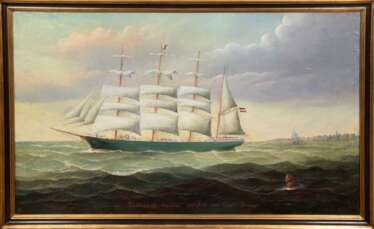 Kapitainsbild 19. Jh. &quot;Vollschiff Cecilie geführt von Capit. Bremer&quot;, Öl/Lw., craqueliert, unsign. bez. im unteren Bildrand, 60x100 cm, Rahmen