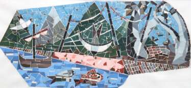 Spars, Eylert (1903 Hamburg-1984Seevetal) &quot;Mosaikentwurf-Boote, Berge&quot;, Collage auf Papier, rückseitig Atelierstempel des Künstlers, Prov.: aus dem direkten Nachlaß des Künstlers, 23x50 cm, im Passepartout hint…