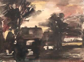 Hinrichs, Carl (1903 Nürnberg-1990 Schwerin) &quot;Katen im Abendlicht&quot;, Aquarell, sign. u.r., frühes Werk des Künstlers, 23x30,5 cm, im Passepartout hinter Glas und Rahmen (Maler und Illustrator, Ehrenbürger der St…