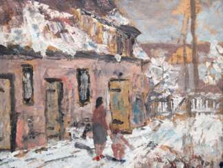 Niebuhr, Franz (1906- 1982 Schwerin) &quot;Mutter mit Kind vor dem Stallgebäude in Orpensdorf&quot;, Öl/ Karton, monogr. u.r. &quot;N&quot;, verso betitelt, bez. und dat. ´68, 22,5x29 cm, Rahmen