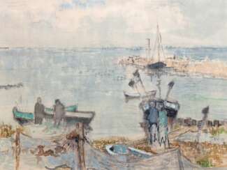 Niemeyer-Holstein, Otto (1896 Kiel-1984 Koserow) &quot;Hafen von Lohme auf Rügen&quot;, Aquarell, monogr., dat. ´54, verso bez., WVZ-Nr. 276, 29x37,5 cm, im Passepartout hinter Glas und Rahmen (beginnende Ausstellungstät…