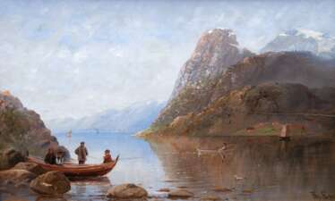 Fuchs, Therese (1849 Düsseldorf -1910 ebenda) &quot;Fjordlandschaft mit Booten und Anglern&quot;, Öl/ Holz, sign. u.r., 30,5x48 cm, Rahmen