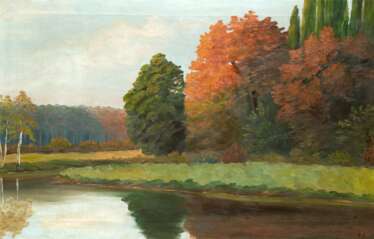 &quot;Herbstliche Waldlandschaft am See&quot;, Öl/ Lw., monogr. &quot;O.F.&quot; u.r., 54x80,5 cm, Rahmen