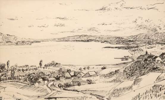 Scheele, Kurt (1905 Franfurt-1944 Smolensk) "Landschaft am See", Tuschezeichnung, monogr. u.l. und dat. ´27, rückseitig Nachlaßstempel mit WVZ-Nr.- Z 269, 29x42,5 cm, im Passepartout hinter Glas und Rahmen - Foto 1