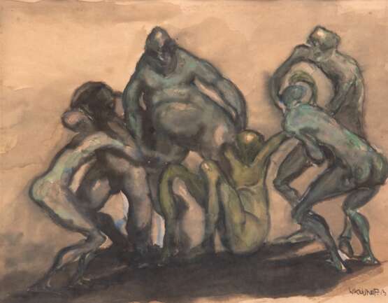 Kohlhoff, Wilhelm (1893 Berlin-1971 Schweinfurth) "Figürliche Darstellung",Pastell, sign. u.r. und dat. ´13, rückseitig WVZ-Nr. 19 G, 25,5x29,5 cm, im Passepartout hinter Glas und Rahmen (Maler und Grafiker, er… - Foto 1