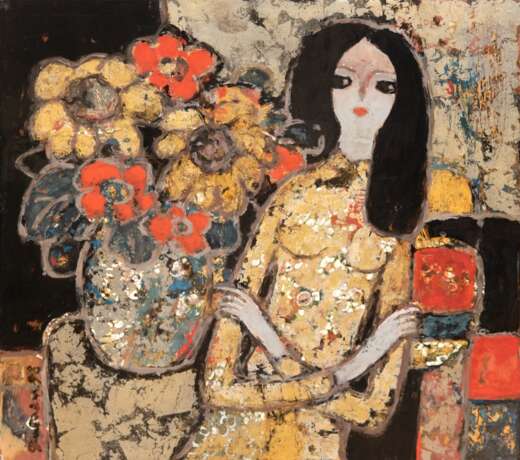 Duong Sen (1949 Provinz Nghe An, vietnamesischer Künstler) "Frau vor Blumenvase stehend", Lackmaltechnik mit Gold und Silber, sign. u.l. und dat. ´98, 40x40 cm, ungerahmt (Duong Sen's Bilder wurden von den meis… - Foto 1