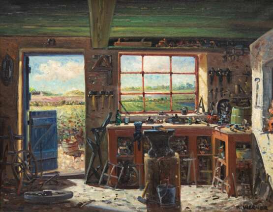 Werner, Kurt (1919) "Ansicht einer Werkstatt mit Liebe zum Detail und Ausblick auf eine sommerliche Landschaft", Öl/ Lw., sign. u.r., 51x61,5 cm, Rahmen - Foto 1