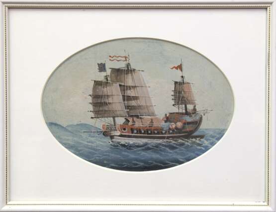 Schiffsbild "Dschunke", China um 1840, Gouache, unsign., 14x20 cm, im ovalem Passepartout hinter Glas und Rahmen - photo 1