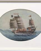 Produktkatalog. Schiffsbild &amp;quot;Dschunke&amp;quot;, China um 1840, Gouache, unsign., 14x20 cm, im ovalem Passepartout hinter Glas und Rahmen