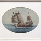 Schiffsbild "Dschunke", China um 1840, Gouache, unsign., 14x20 cm, im ovalem Passepartout hinter Glas und Rahmen - photo 1