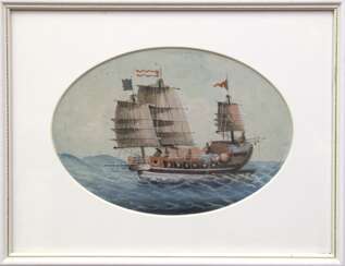 Schiffsbild &quot;Dschunke&quot;, China um 1840, Gouache, unsign., 14x20 cm, im ovalem Passepartout hinter Glas und Rahmen