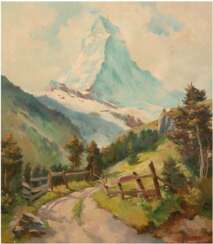 &quot;Wanderweg zum Matterhorn&quot;, Öl/Lw., unsign., kl. Farbabplatzungen, 80x70 cm, Rahmen