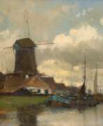 Übersicht. Holländischer Maler &quot;Fischerbbote im Hafen mit Windmühle&quot;, Öl/ Karton, undeutl. sign. u.r., 27,5X34 CM; Rahmen