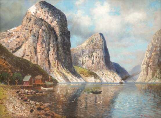 Hansen, Niels (1880-1946 Dänischer Maler) "Fjordlandschaft mit Fischerhütte und Boot", Öl/ Lw., sign. u.r., 53x66 cm, hinter Glas und Rahmen - Foto 1