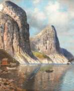 Übersicht. Hansen, Niels (1880-1946 Dänischer Maler) &quot;Fjordlandschaft mit Fischerhütte und Boot&quot;, Öl/ Lw., sign. u.r., 53x66 cm, hinter Glas und Rahmen