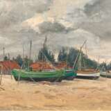 Kühnen, Th. "Fischerboote am Strand bei Brösen", Öl/Lw./Pappe, rückseitig bez., 39x45 cm, Rahmen - Foto 1