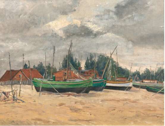 Kühnen, Th. "Fischerboote am Strand bei Brösen", Öl/Lw./Pappe, rückseitig bez., 39x45 cm, Rahmen - Foto 1