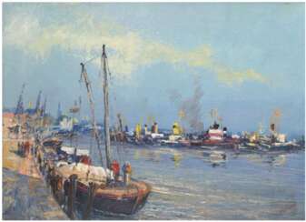 Tippmann (20. Jh.) &quot;Schiffe im Hamburger Hafen&quot;, Öl/HF., signiert u.r., 50x70 cm, Rahmen