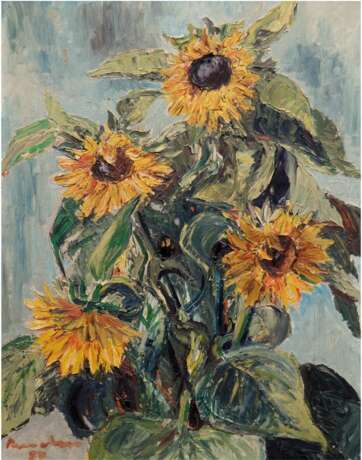 Maler des 20. Jh. "Sonnenblumen", Öl/Hf., unleserl. sign. u. dat. u.l., 40x51 cm, Rahmen - Foto 1