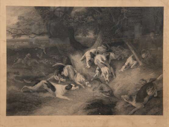 Ridinger, Johann Elias (1698 Ulm-1767 Augsburg) "Death of the Fox", Stich, Blatt gebräunt und an den Rändern fleckig, 55x70 cm, im Passepartout hinter Glas und Rahmen - фото 1