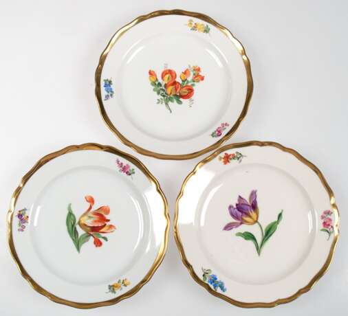 3 Meissen-Teller, Bunte Blume 1 mit breitem Goldrand, 2. Wahl, Dm. 18 cm - фото 1