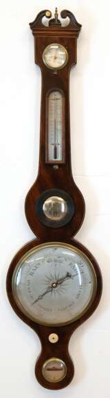 Barometer, England 19. Jh., Mahagoni mit Fadenintarsien, Thermometer mit roter Flüssigkeit, H. 98 cm - photo 1