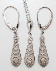 Schmuckset im Art-Deco-Stil, Ohrringe, Kette mit Anhänger, 925er Silber, rhodiniert, Brillanten, Ohrringe ca. 4,2 cm, Anhänger ca. 3,3 cm, Kettenlänge ca. 40 cm