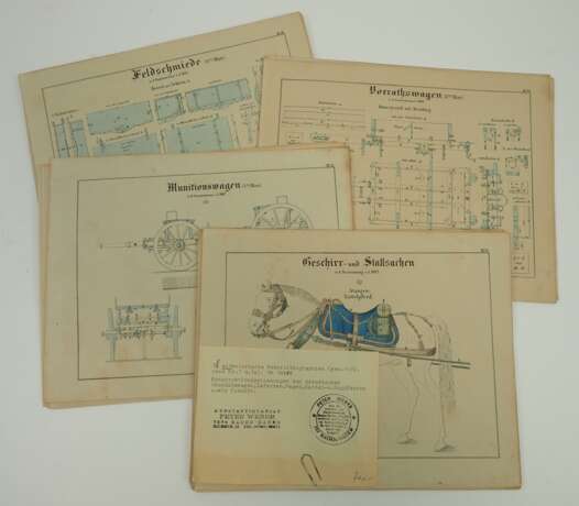 Preussen: 70 altkolorierte Federlithographien von preussischen Geschützwagen, Lafetten, Wagen, Sattel- u. Zugpferden sowie Zubehör. - photo 1